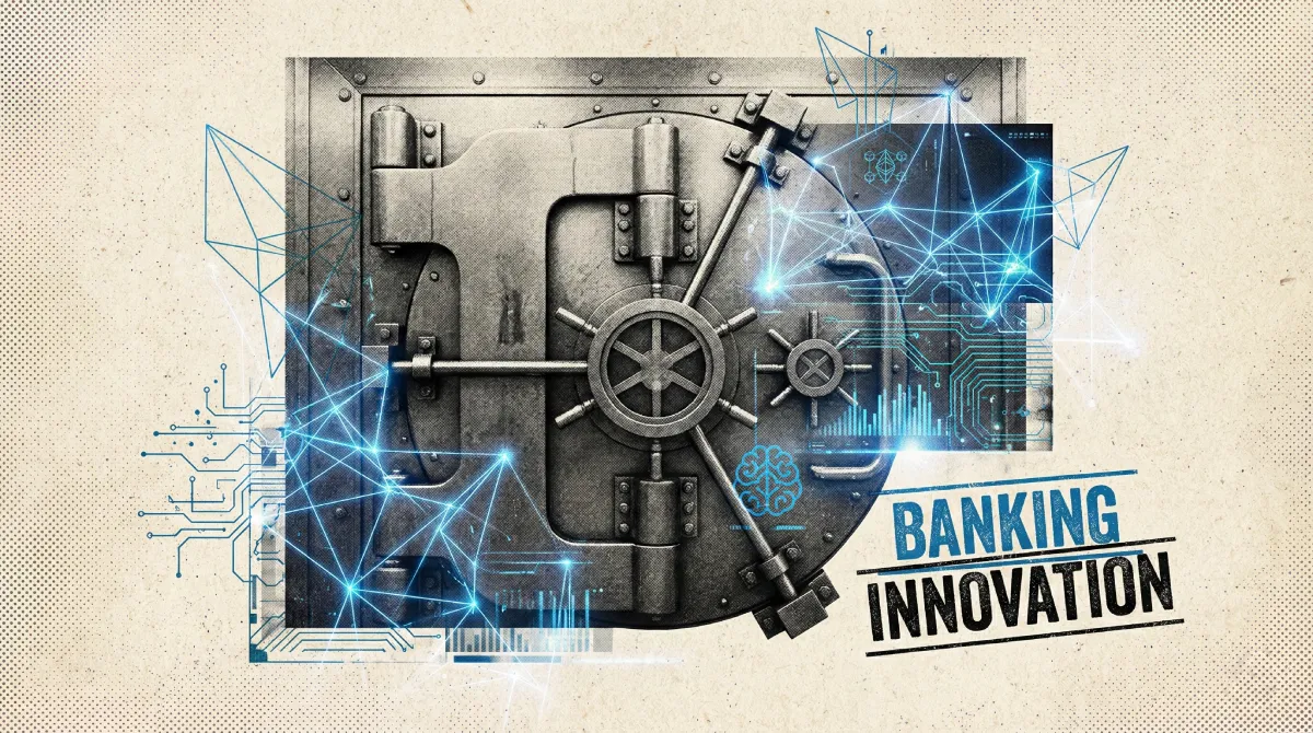 Editorial illustration of BNY Mellon embedding generative AI into core banking systems.