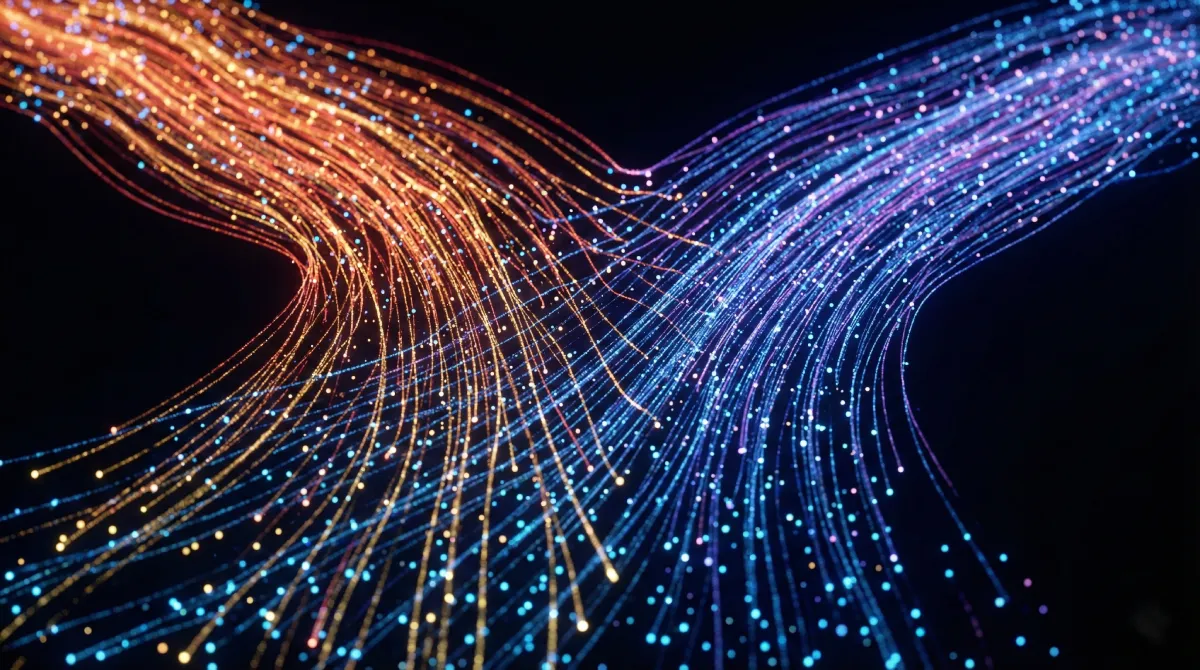 Particle art representing the divergence between Google AI and ChatGPT in citing fresh data.