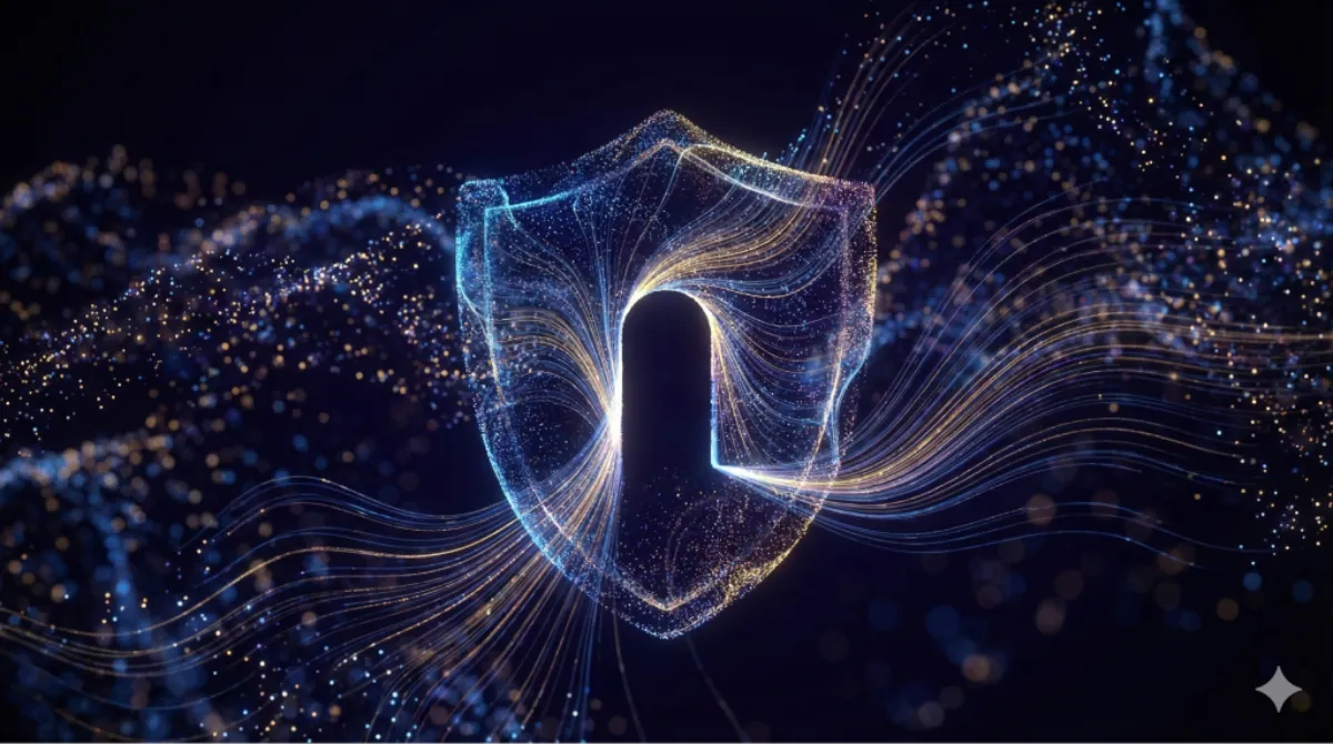 Particle art depicting the shift to brand authority in the era of Google AI Mode.