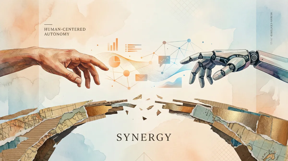 Human and AI collaboration depicted through symbolic bridge imagery