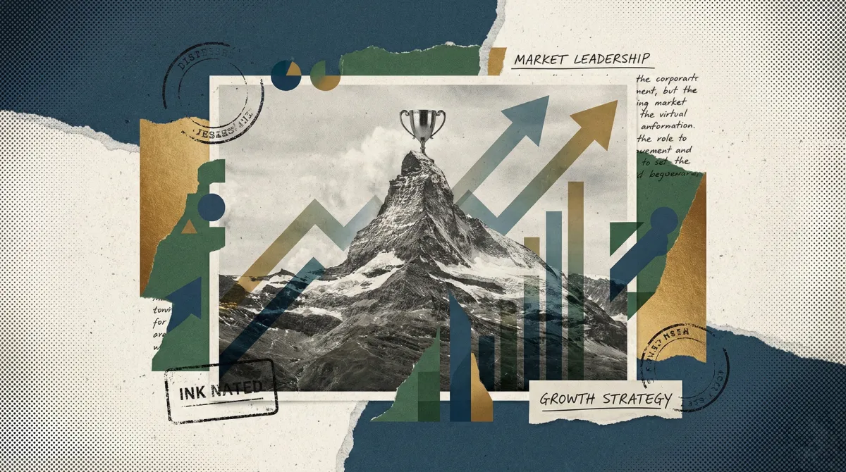 Mixed media collage depicting OpenAI's market leadership status in the Gartner report.