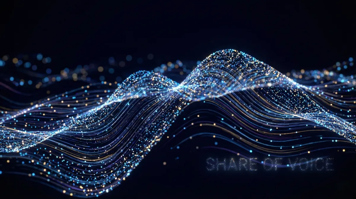 Particle art depicting the measurement and optimization of AI share of voice in search.