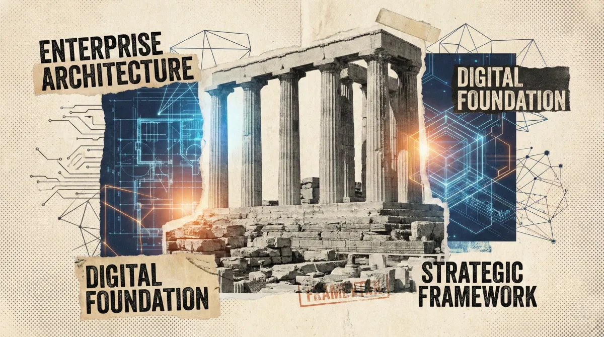 Editorial collage illustrating SAP's unveiling of AI-native enterprise architecture.