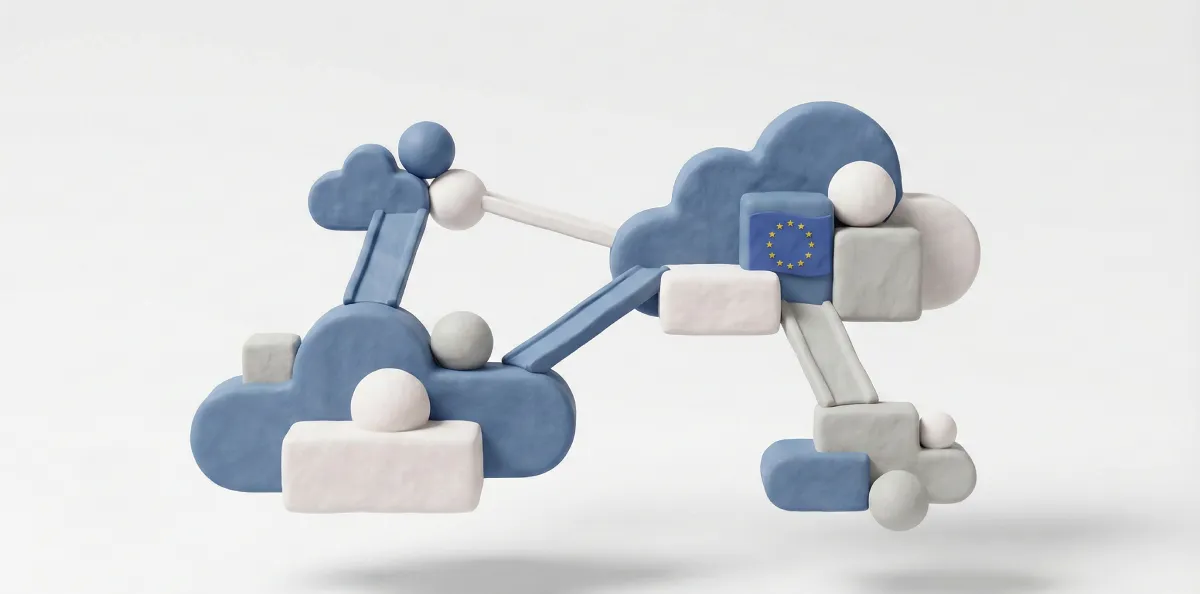Conceptual matte 3D art depicting SAP's new EU AI Cloud platform for sovereign automation.