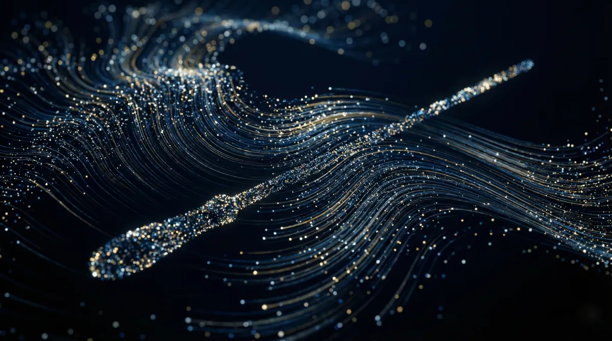 Particle art representing the orchestration of AI, data, and automation in the agentic enterprise.