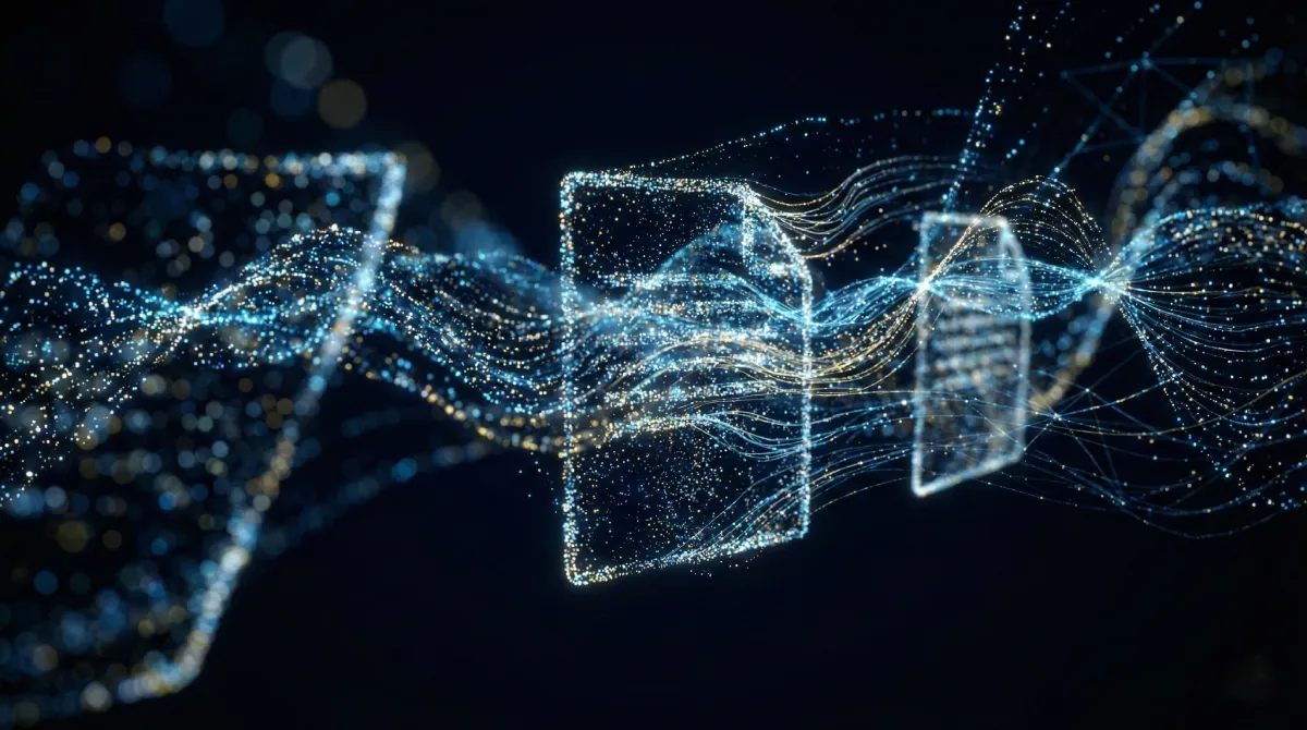 Abstract visualization of intelligent document processing using generative AI and automation.
